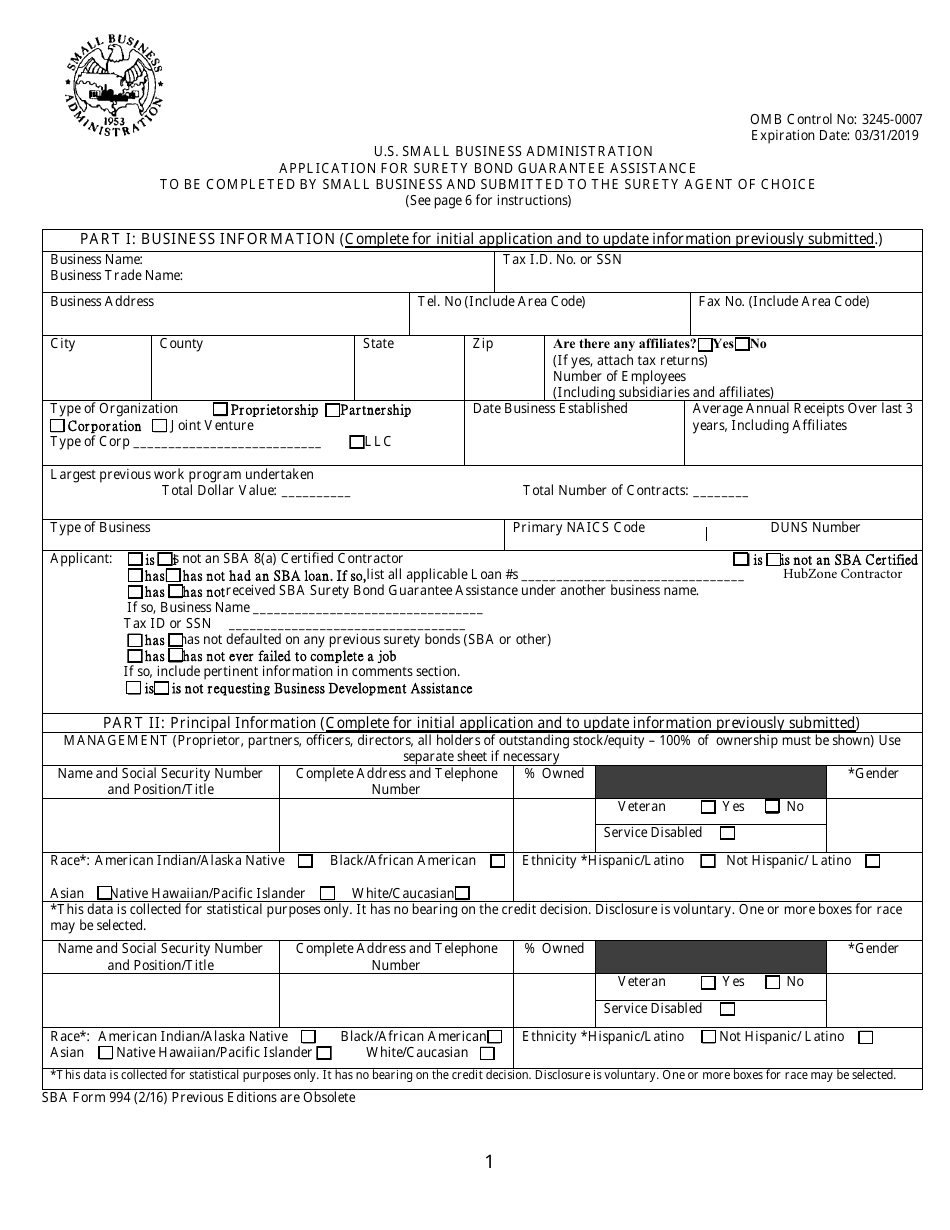 SBA Form 994 Application for Surety Bond Guarantee Assistance, Page 1