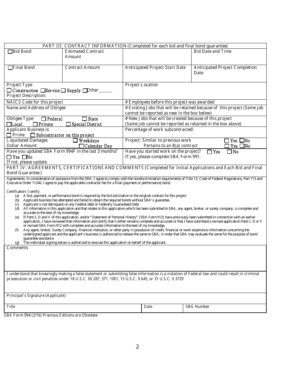 SBA Form 994 Application for Surety Bond Guarantee Assistance, Page 2