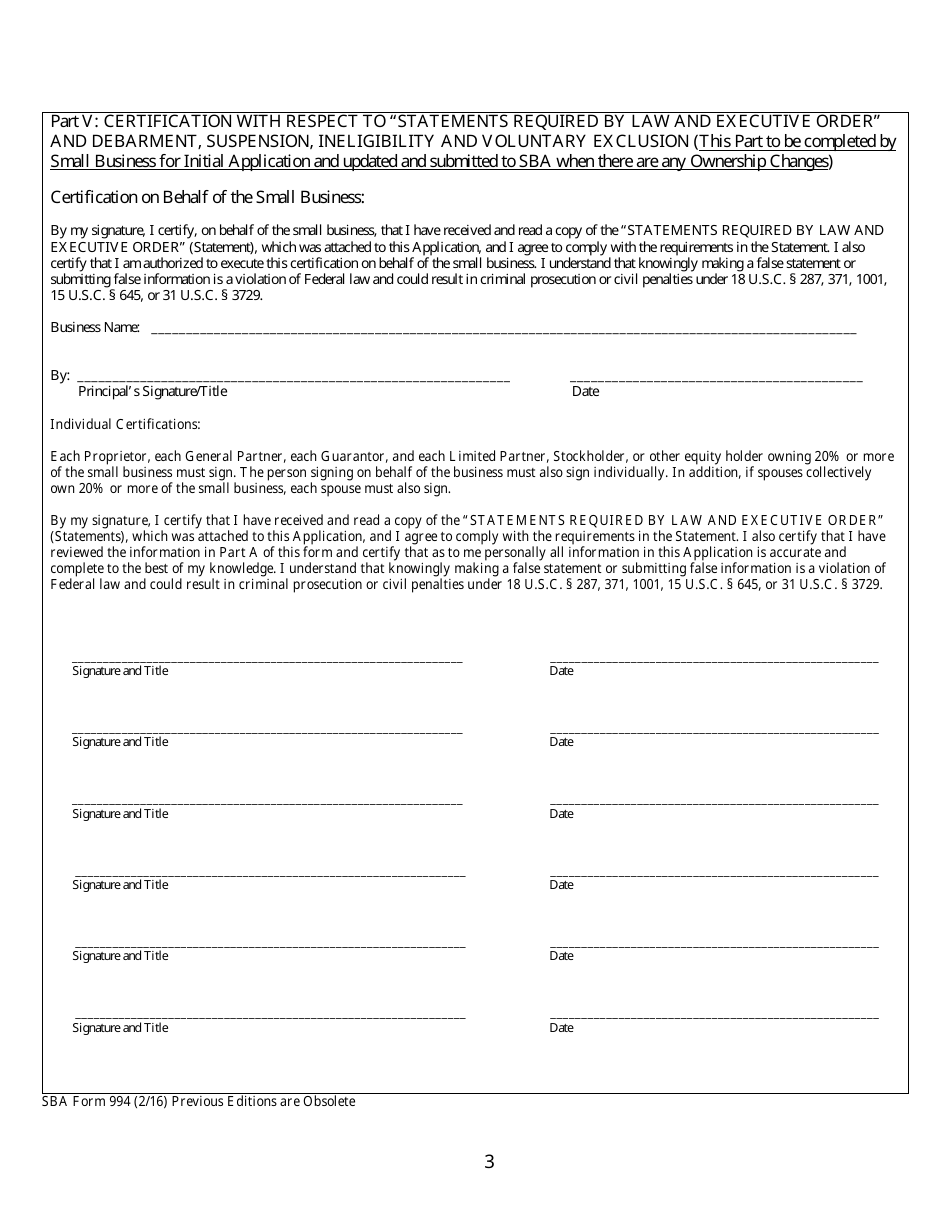 SBA Form 994 Application for Surety Bond Guarantee Assistance, Page 3