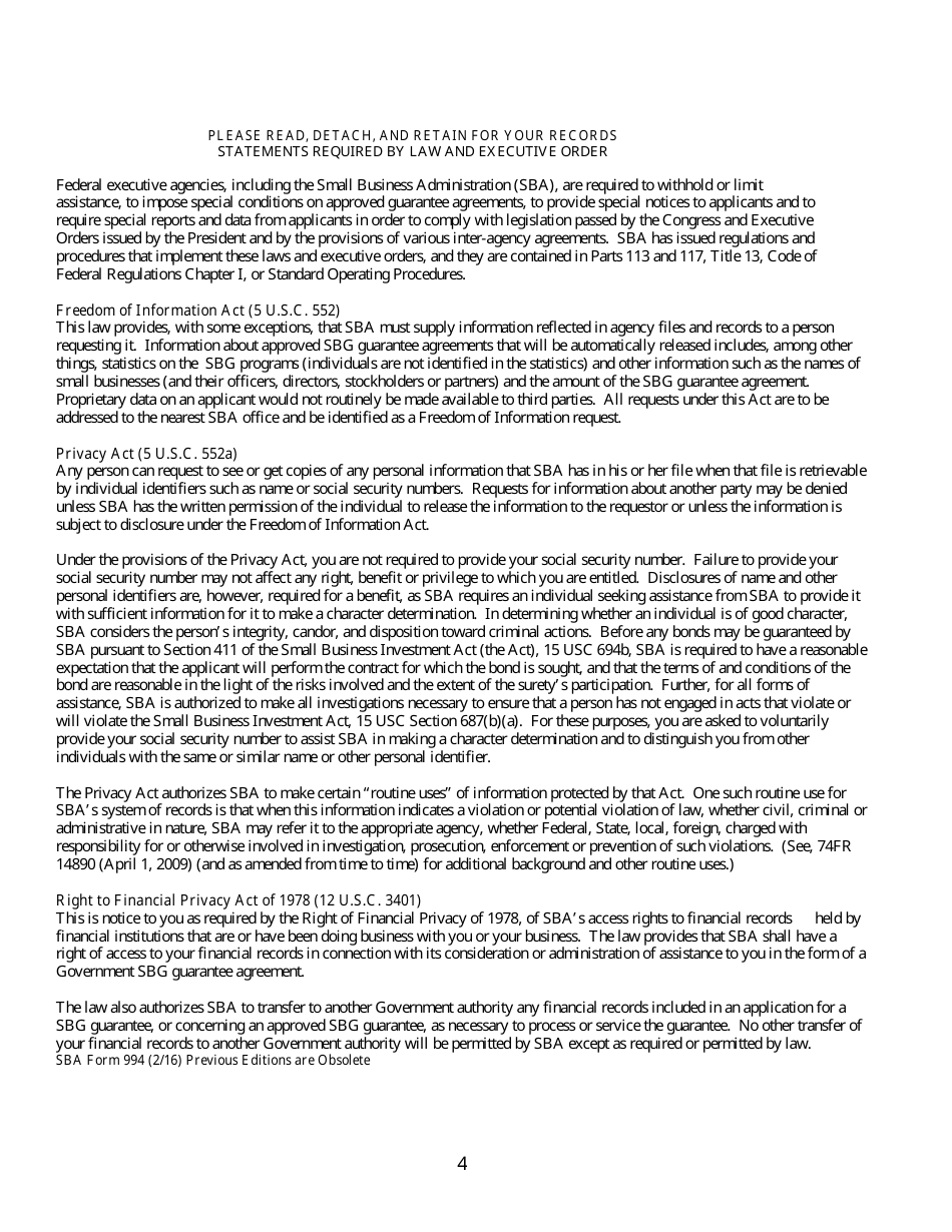 SBA Form 994 Application for Surety Bond Guarantee Assistance, Page 4