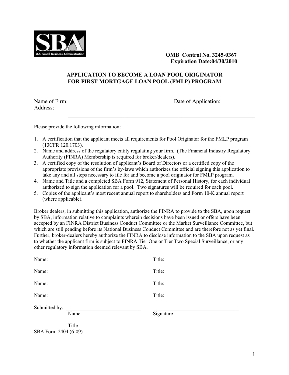 SBA Form 2404 Application to Become a Loan Pool Originator for First Mortgage Loan Pool (FMLP) Program, Page 1
