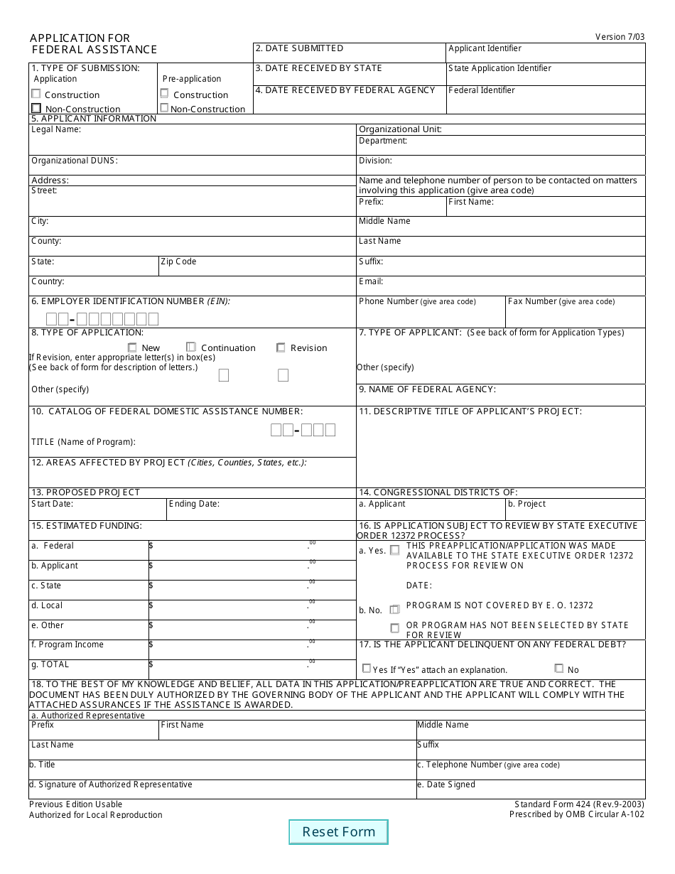 SBA Form 424 Application for Federal Assistance, Page 1