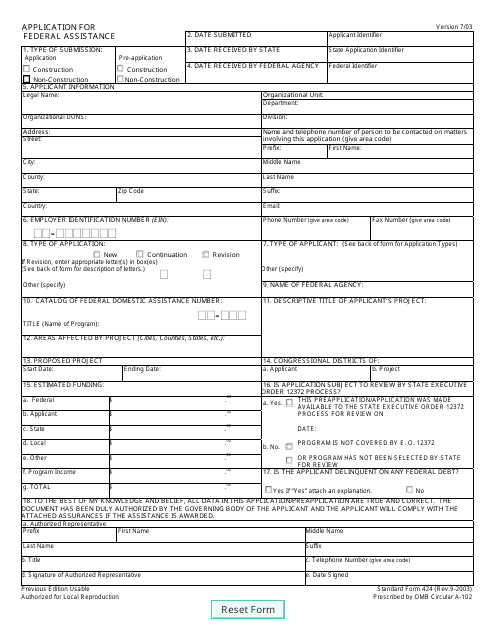 SBA Form 424 Application for Federal Assistance