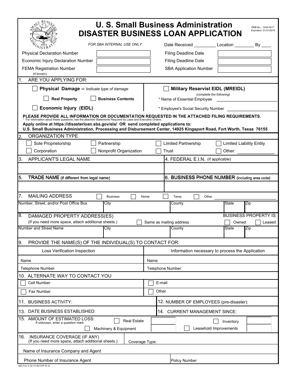 SBA Form 5 Disaster Business Loan Application, Page 1