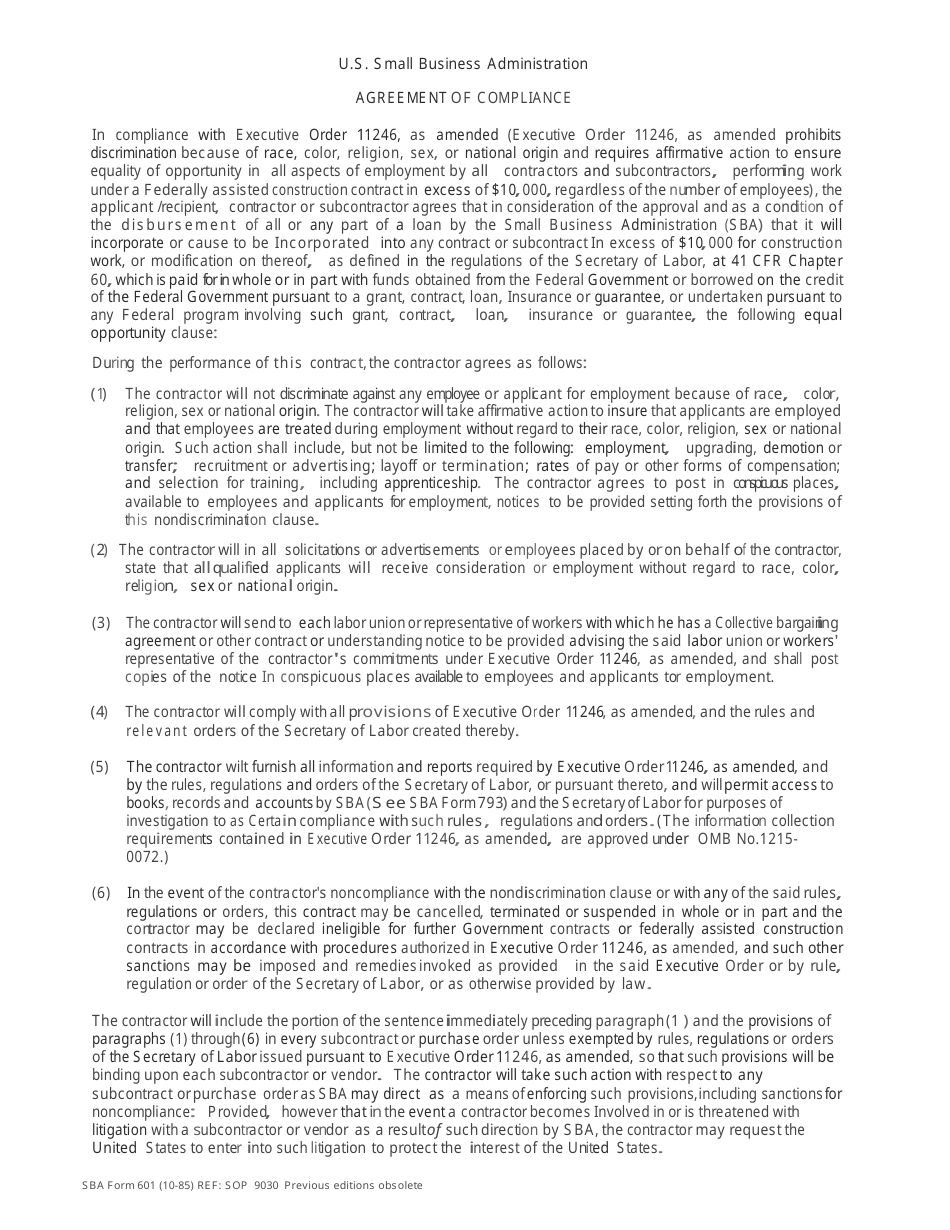 SBA Form 601 Agreement of Compliance, Page 1