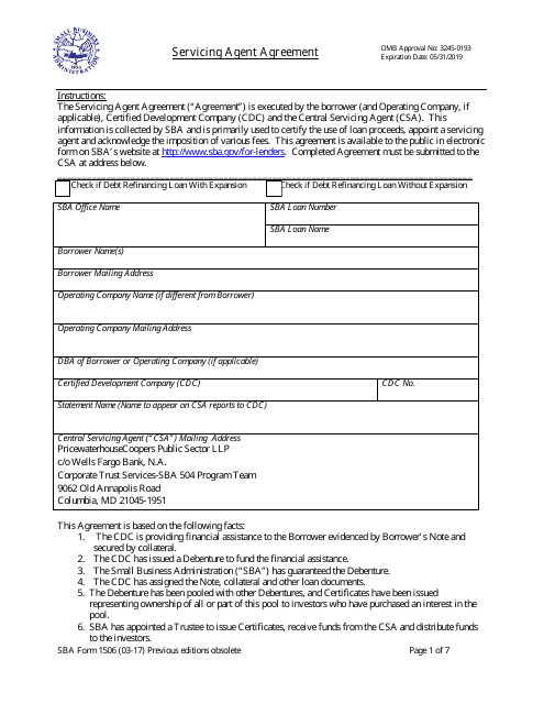 SBA Form 1506  Printable Pdf