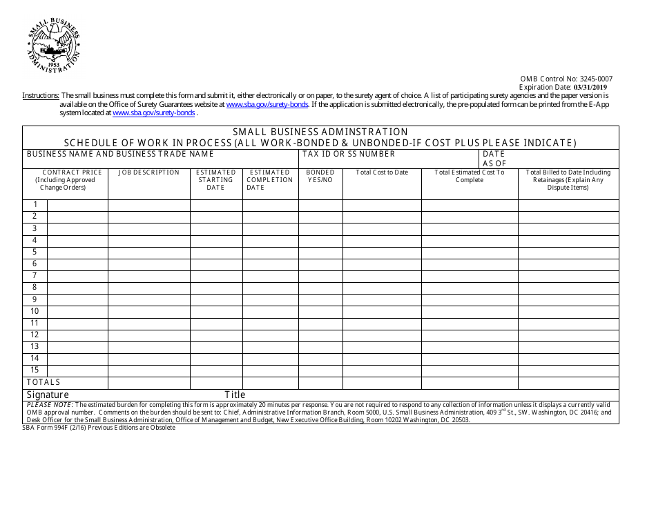 SBA Form 994F Schedule of Work in Process (All Work-Bonded  Unbonded-If Cost Plus Please Indicate), Page 1