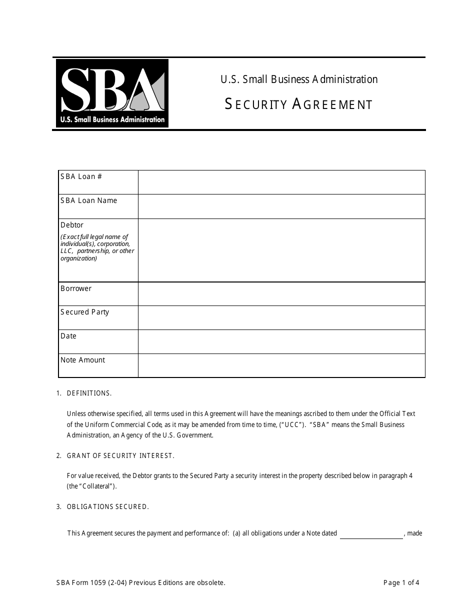 SBA Form 1059 Security Agreement, Page 1