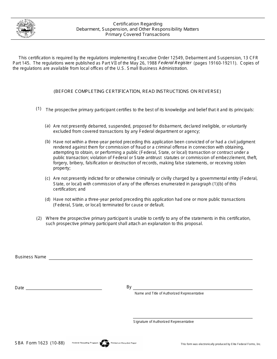 SBA Form 1623 Certification Regarding Debarment, Suspension, and Other Responsibility Matters Primary Covered Transactions, Page 1