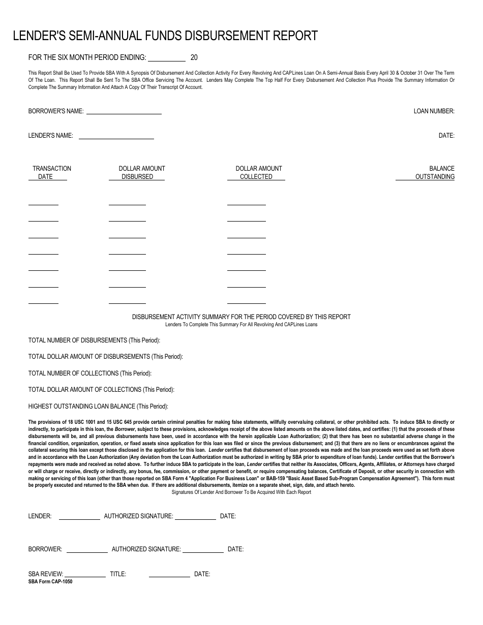 SBA Form CAP-1050 Lenders Semi-annual Funds Disbursement Report, Page 1