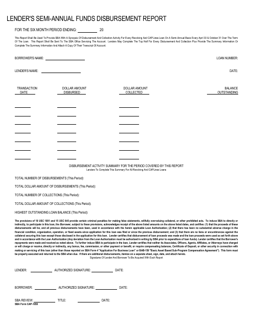SBA Form CAP-1050 Lender's Semi-annual Funds Disbursement Report