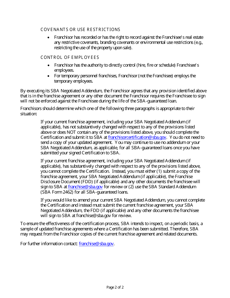 SBA Form 2464 Annual Franchisor Certification, Page 2