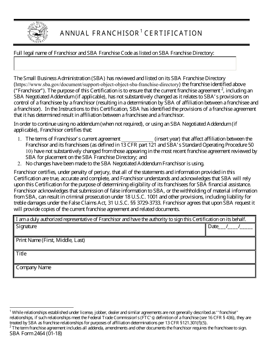 SBA Form 2464 Annual Franchisor Certification, Page 3