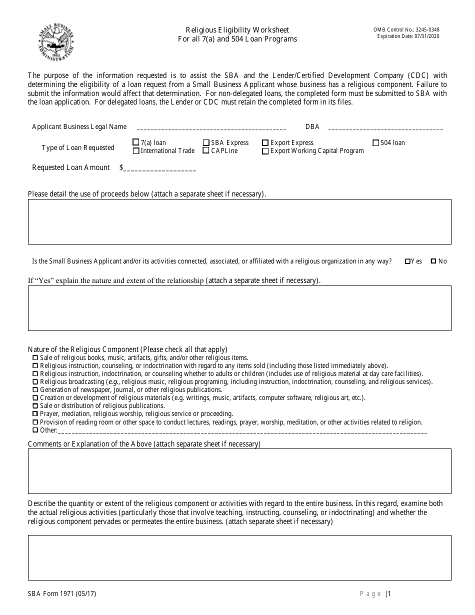 SBA Form 1971 Religious Eligibility Worksheet for All 7(A) and 504 Loan Programs, Page 1