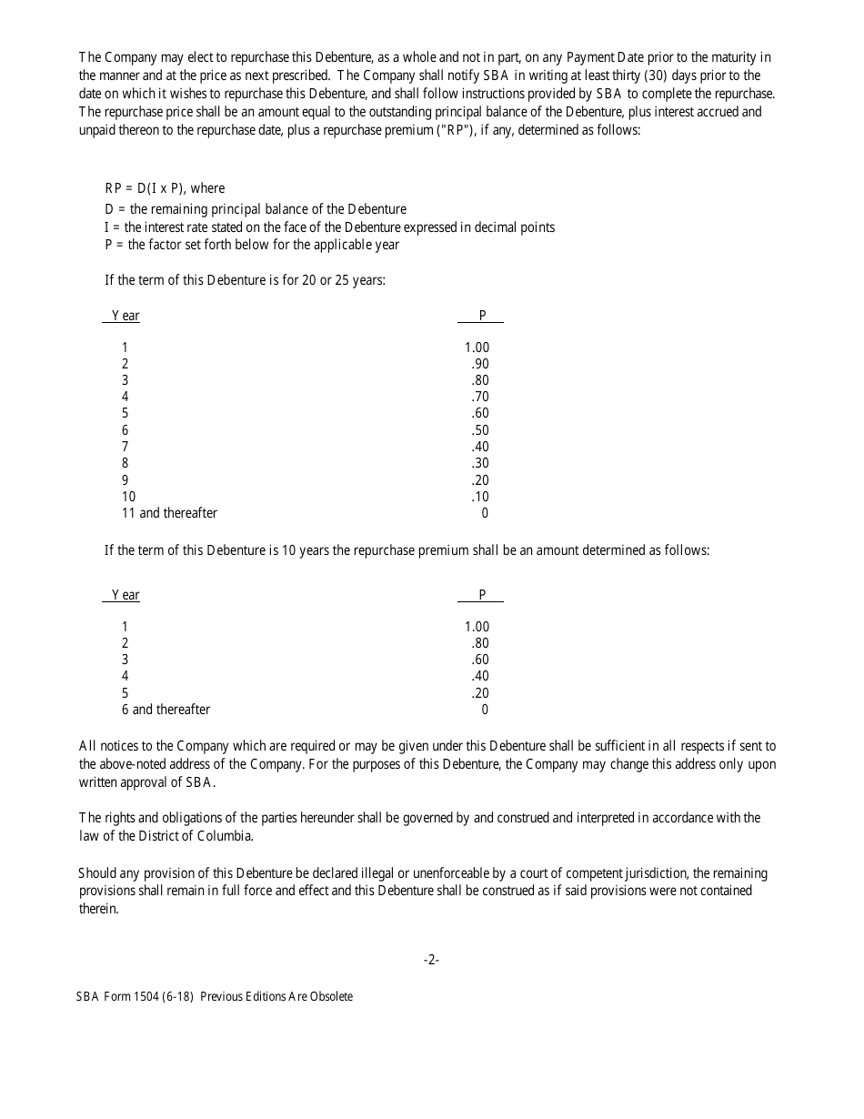 SBA Form 1504 Development Company 504 Debenture, Page 2