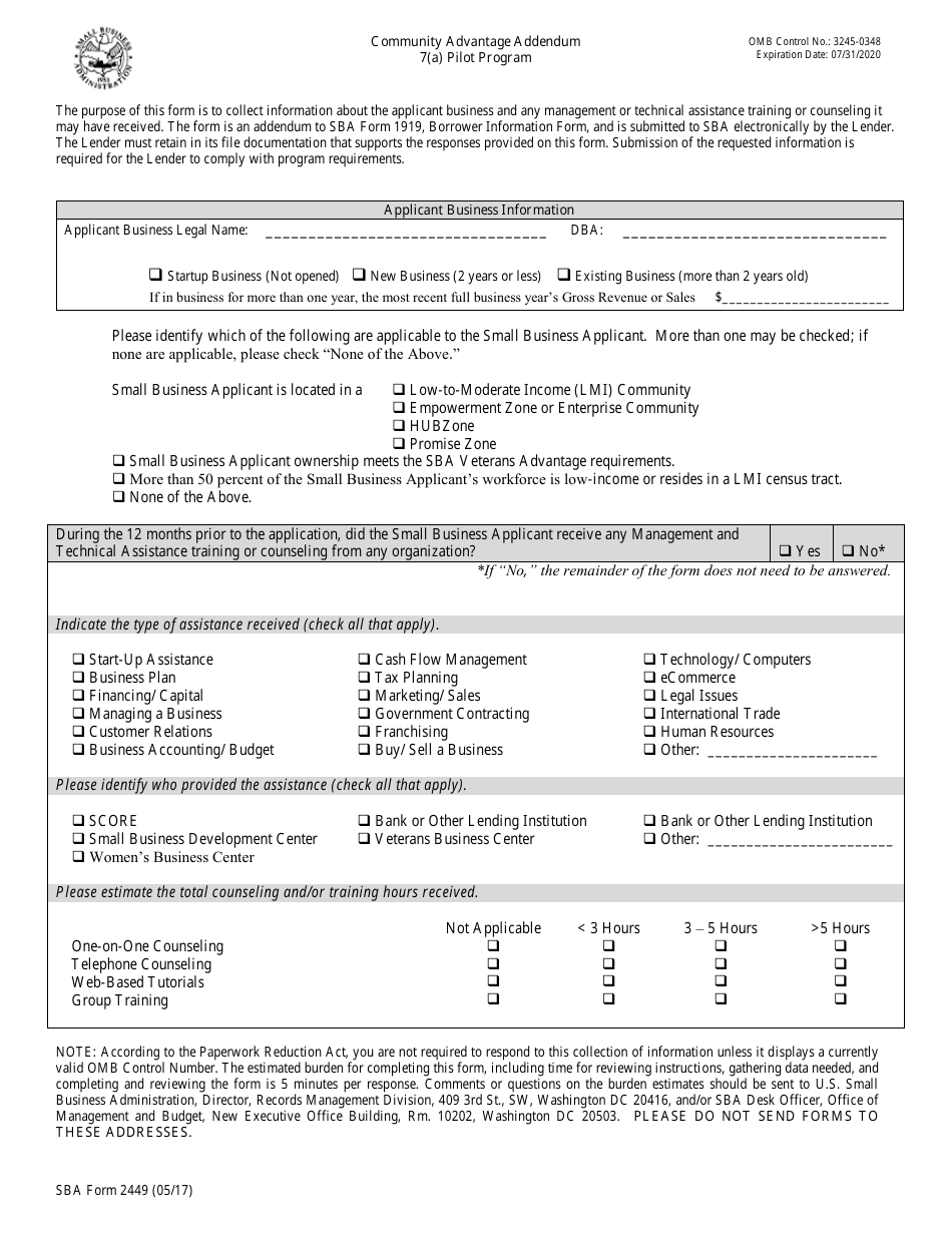 SBA Form 2449 Community Advantage Addendum - 7(A) Pilot Program, Page 1