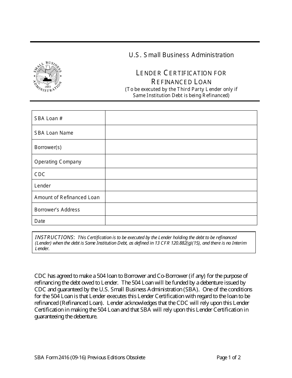 SBA Form 2416 Lender Certification for Refinanced Loan, Page 1