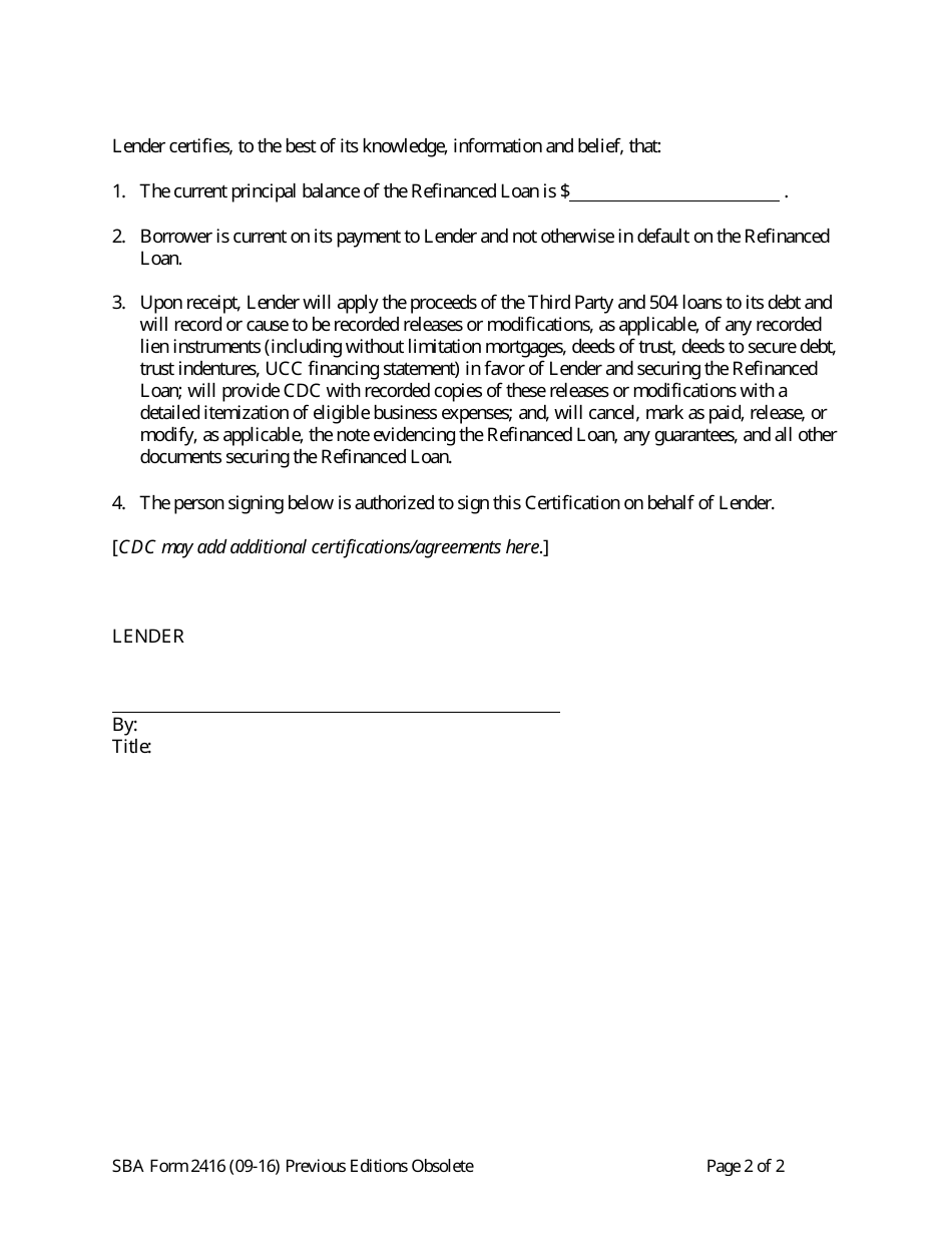SBA Form 2416 Lender Certification for Refinanced Loan, Page 2