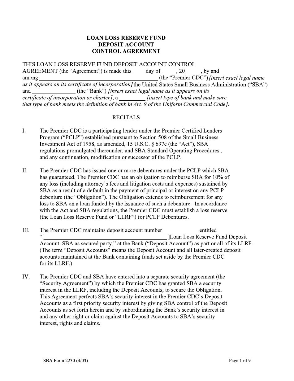 SBA Form 2230 Deposit Fund Control Agreement - Loan Loss Reserve Fund, Page 1
