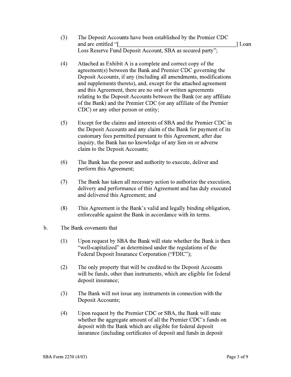 SBA Form 2230 Deposit Fund Control Agreement - Loan Loss Reserve Fund, Page 3