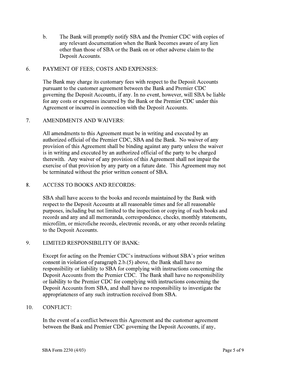 SBA Form 2230 Deposit Fund Control Agreement - Loan Loss Reserve Fund, Page 5
