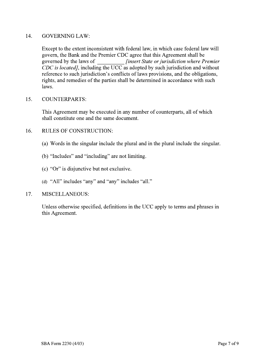 SBA Form 2230 Deposit Fund Control Agreement - Loan Loss Reserve Fund, Page 7