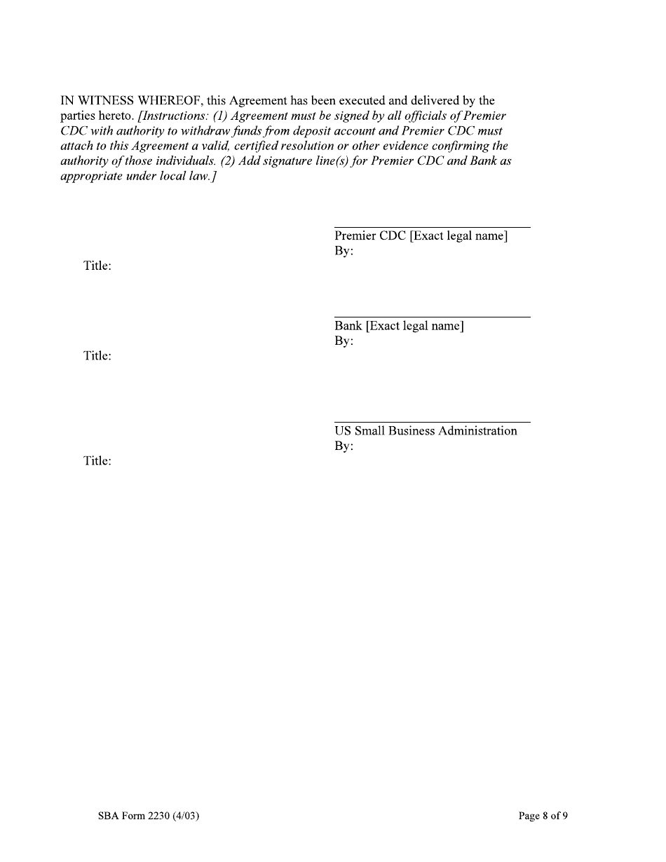 SBA Form 2230 Deposit Fund Control Agreement - Loan Loss Reserve Fund, Page 8