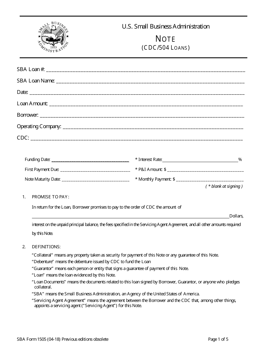SBA Form 1505 Note (CDC / 504 Loans), Page 1