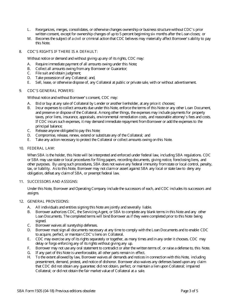 SBA Form 1505 Note (CDC / 504 Loans), Page 3