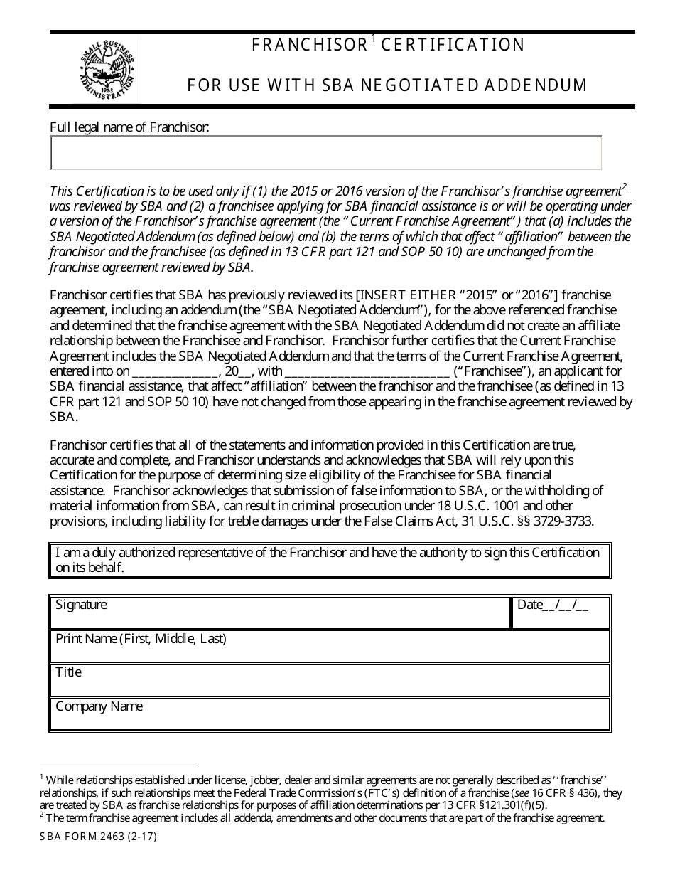 SBA Form 2463 Franchisor Certification for Use With SBA Negotiated Addendum, Page 1