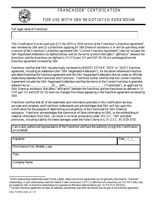 SBA Form 2463 Franchisor Certification for Use With SBA Negotiated Addendum