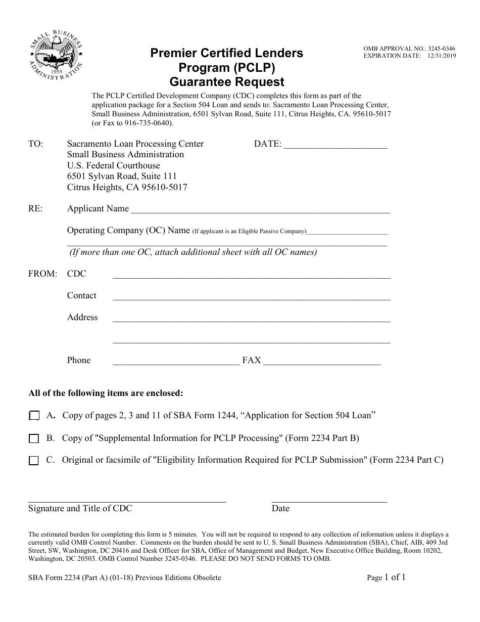 SBA Form 2234 (PART A) Guarantee Request - Premier Certified Lenders Program (PCLP), Page 1