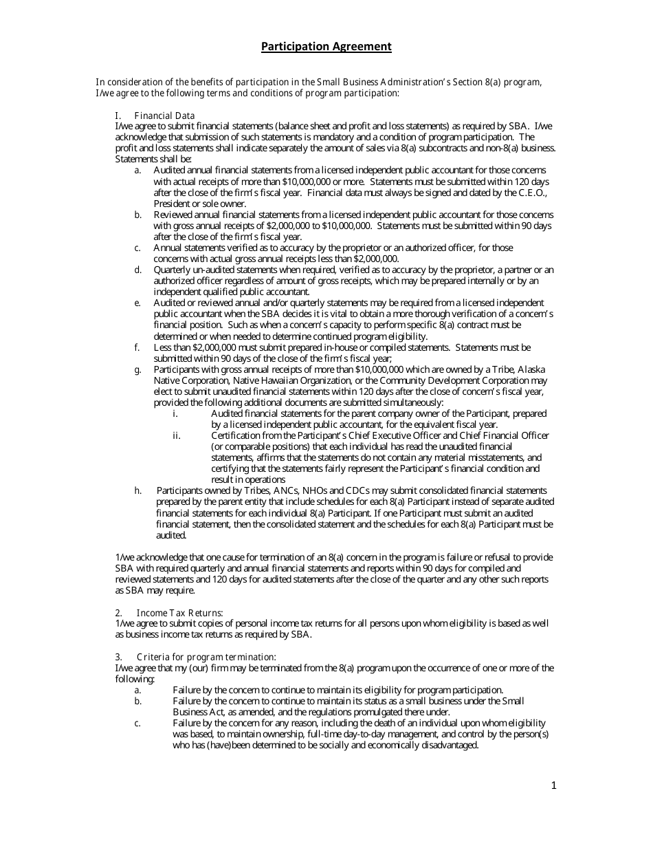 Participation Agreement Form, Page 1