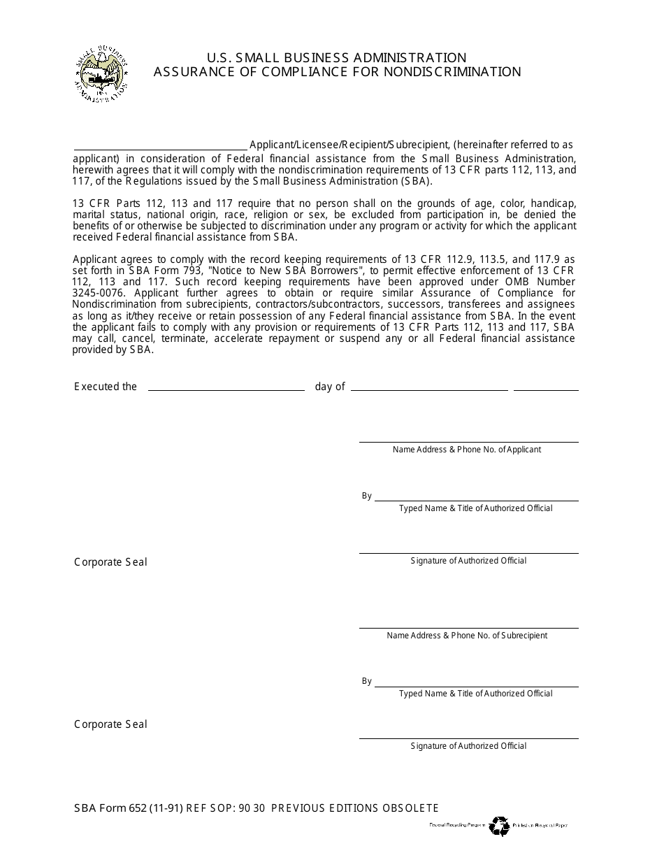 SBA Form 652 Assurance of Compliance for Nondiscrimination, Page 1