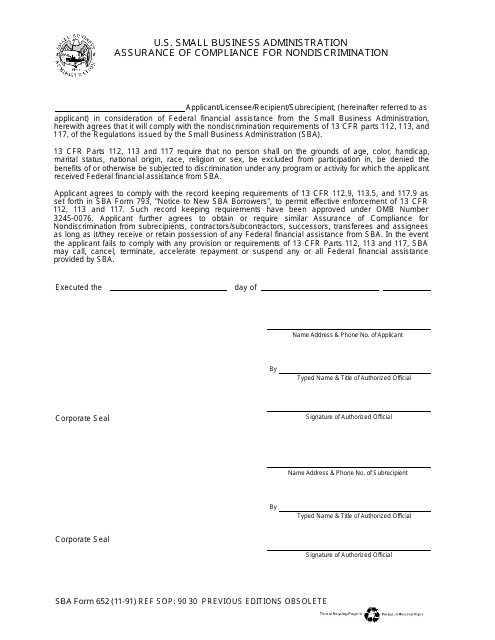 SBA Form 652  Printable Pdf