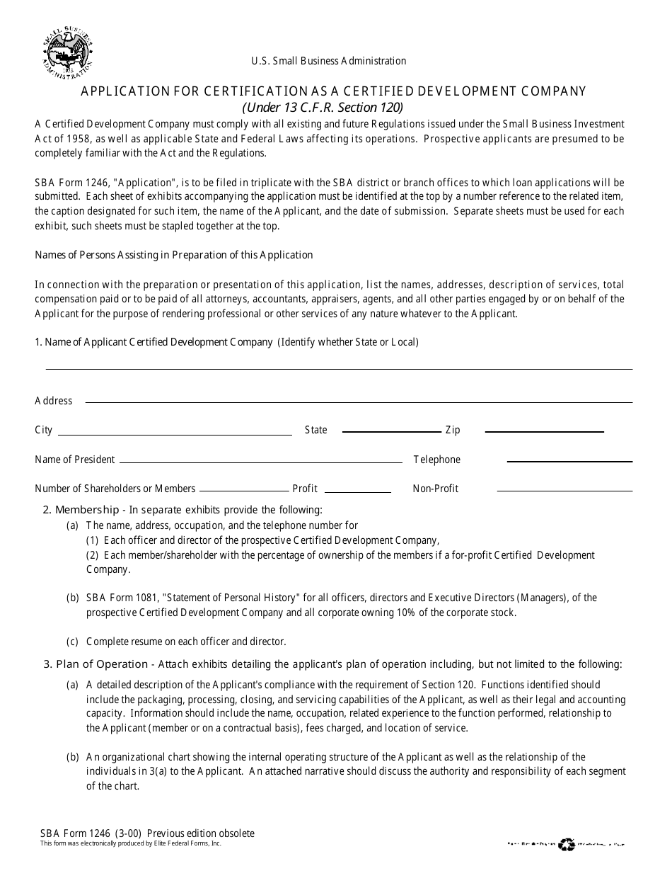 SBA Form 1246 Application for Certification as a Certified Development Company, Page 1