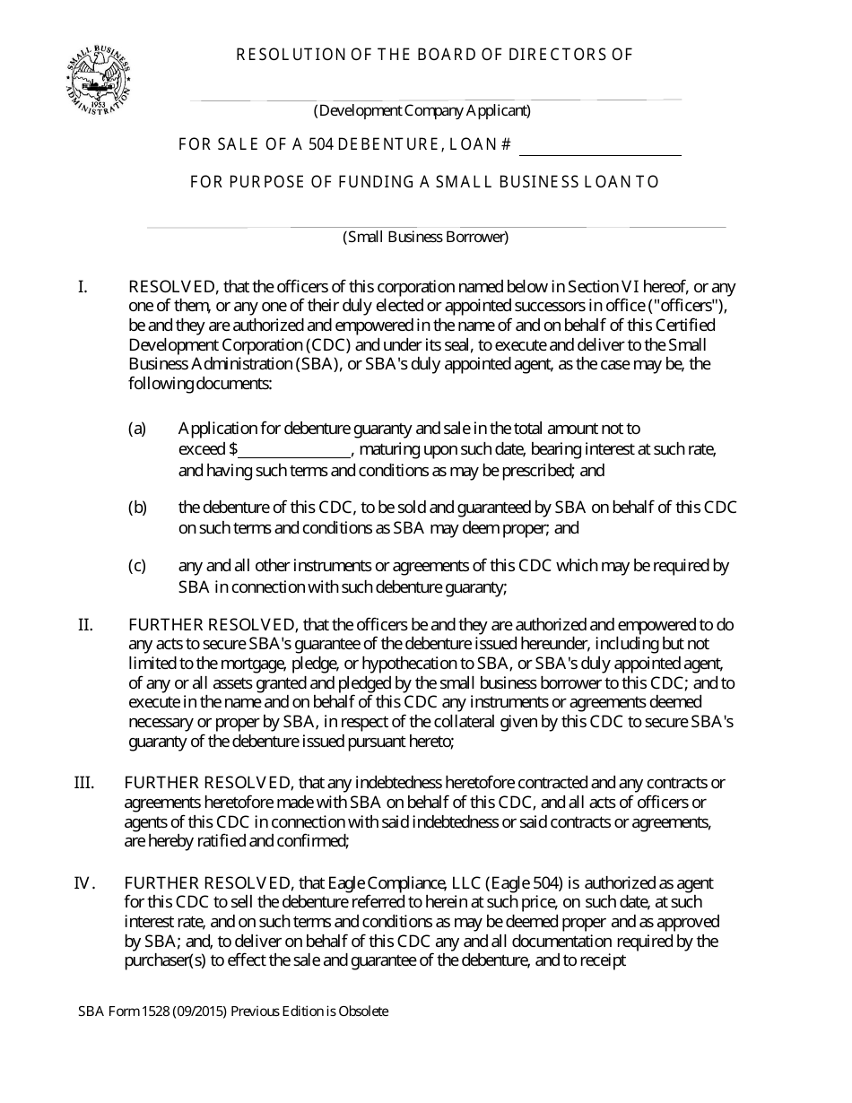 SBA Form 1528 Resolution of the Board of Directors, Page 1
