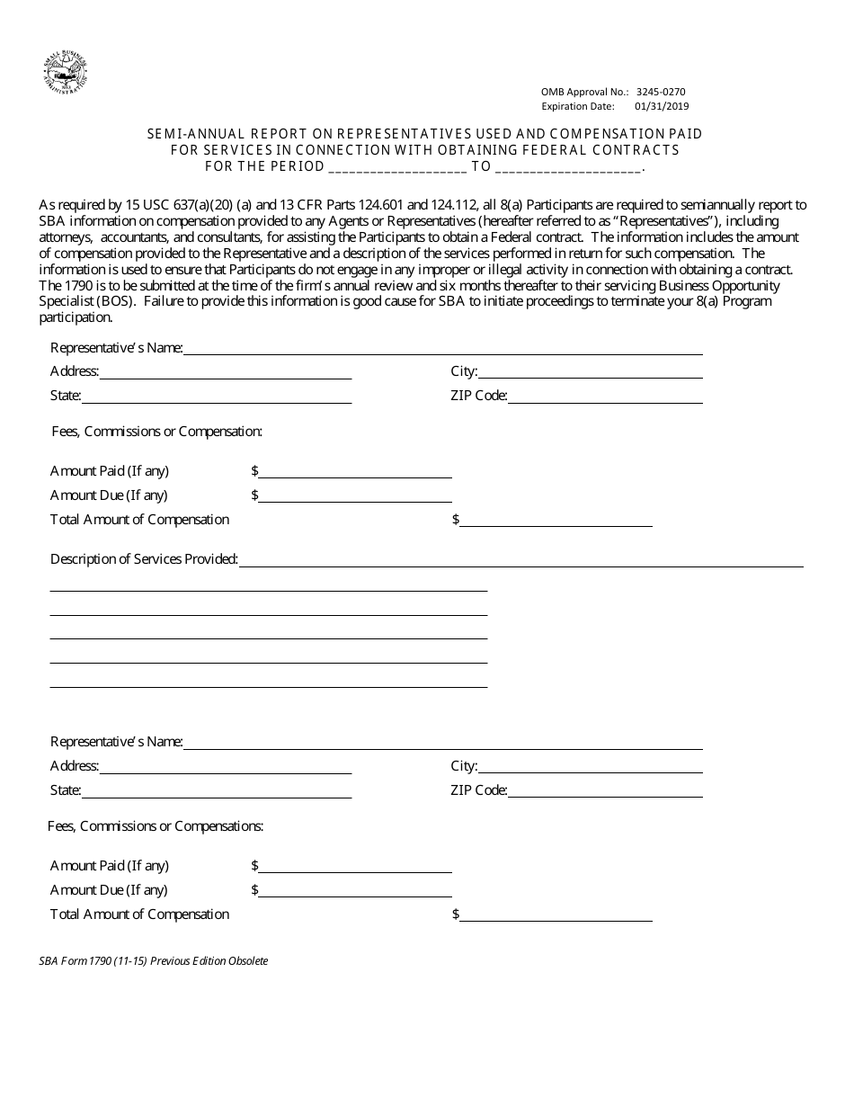SBA Form 1790 Semi-annual Report on Representatives Used and Compensation Paid for Services in Connection With Obtaining Federal Contracts, Page 1