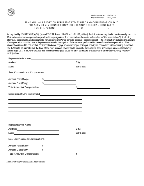 SBA Form 1790 Semi-annual Report on Representatives Used and Compensation Paid for Services in Connection With Obtaining Federal Contracts
