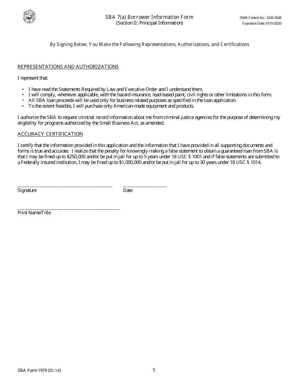 SBA Form 1919 SBA 7(A) Borrower Information Form, Page 5