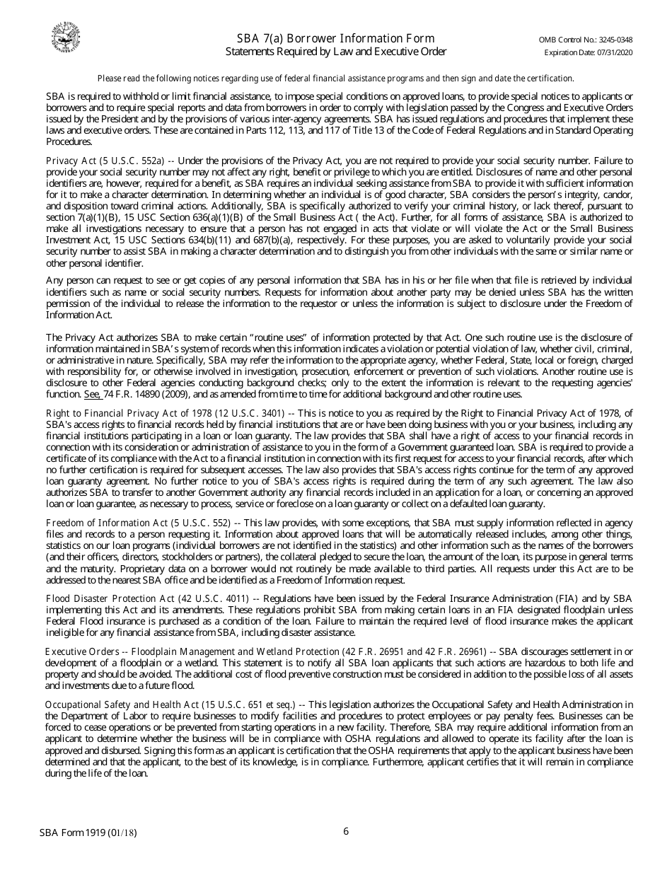 SBA Form 1919 SBA 7(A) Borrower Information Form, Page 6