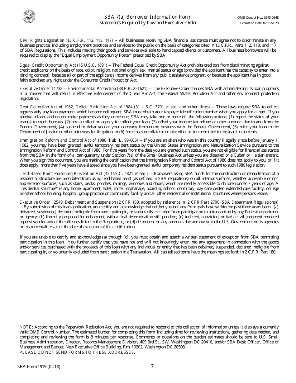 SBA Form 1919 SBA 7(A) Borrower Information Form, Page 7