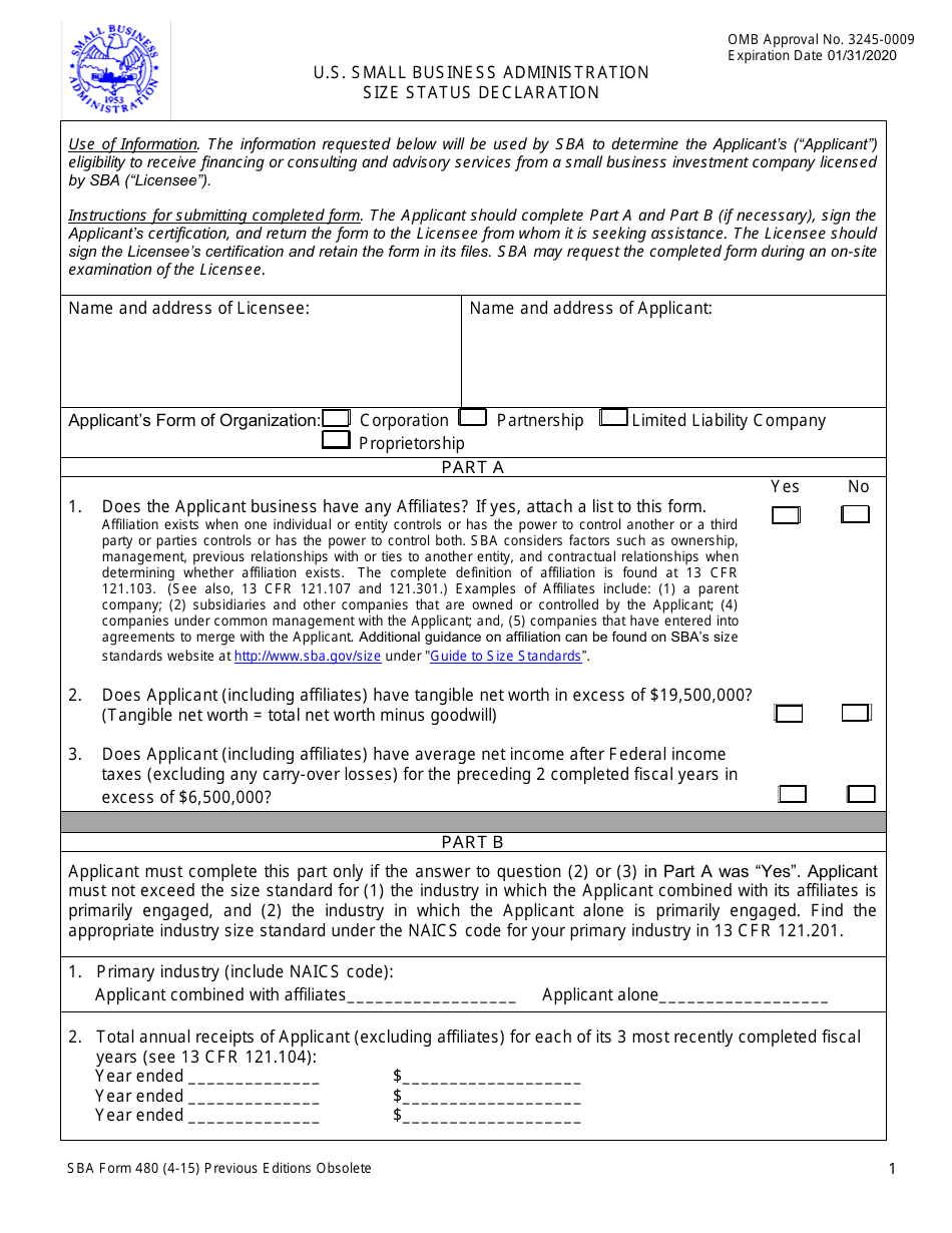 SBA Form 480 Size Status Declaration, Page 1