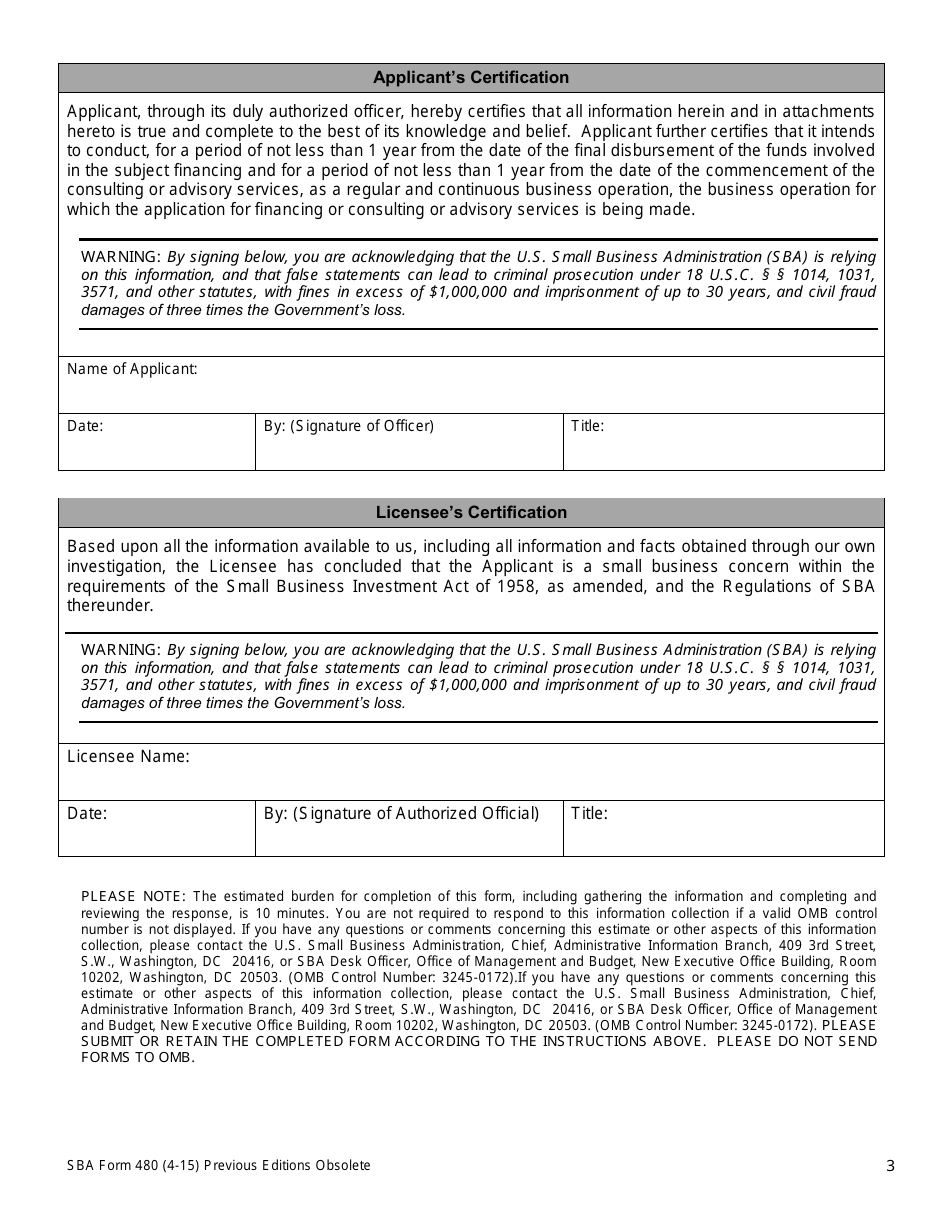 SBA Form 480 Size Status Declaration, Page 3