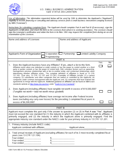 SBA Form 480 Size Status Declaration