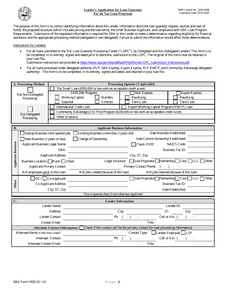 SBA Form 1920 Lenders Application for Loan Guaranty for All 7(A) Loan Programs, Page 1