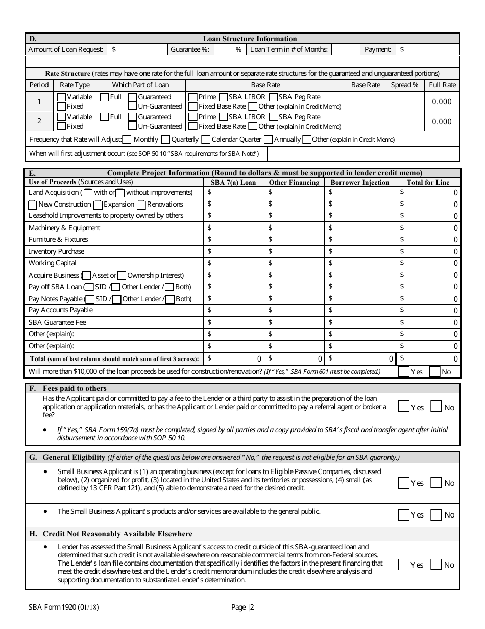 SBA Form 1920 Lenders Application for Loan Guaranty for All 7(A) Loan Programs, Page 2