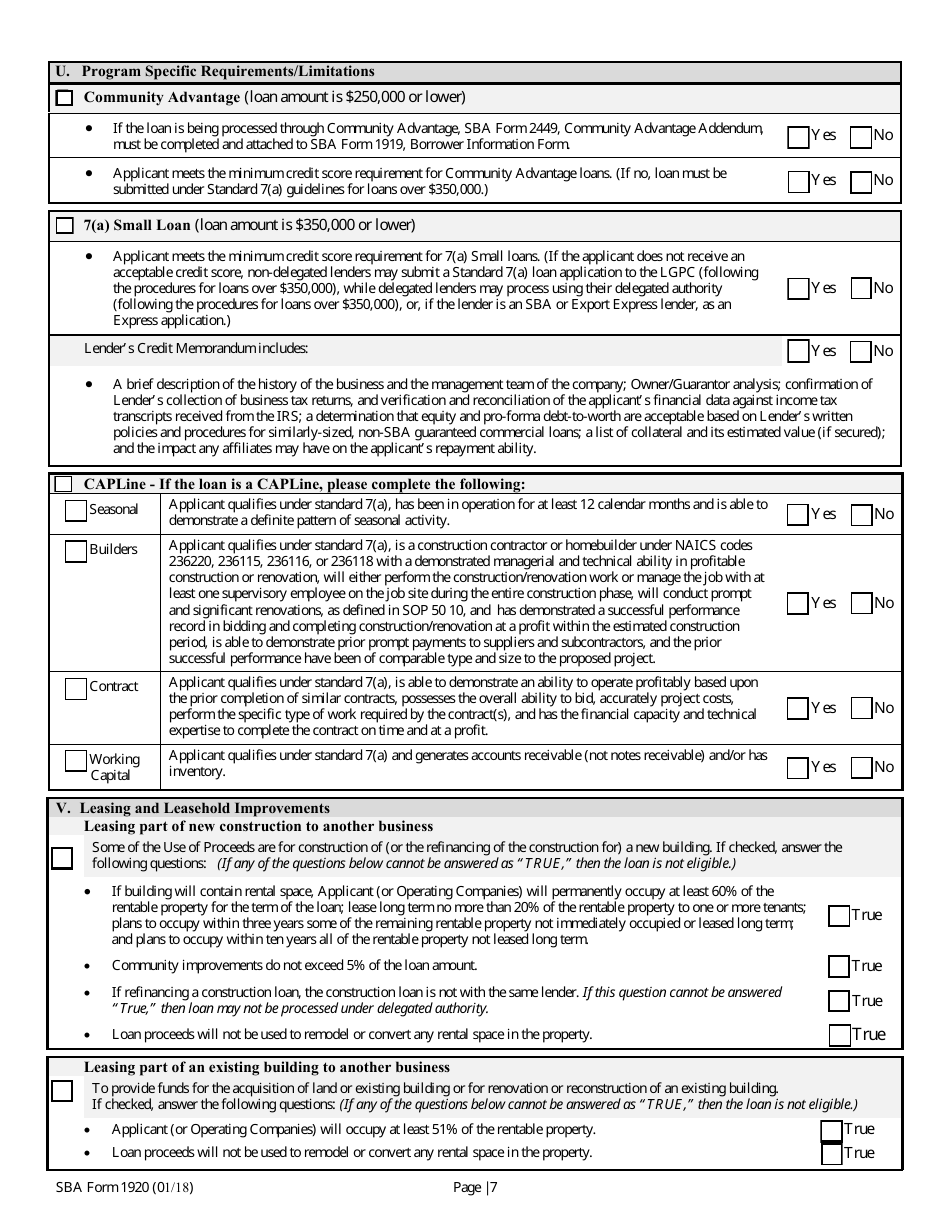 SBA Form 1920 Lenders Application for Loan Guaranty for All 7(A) Loan Programs, Page 7