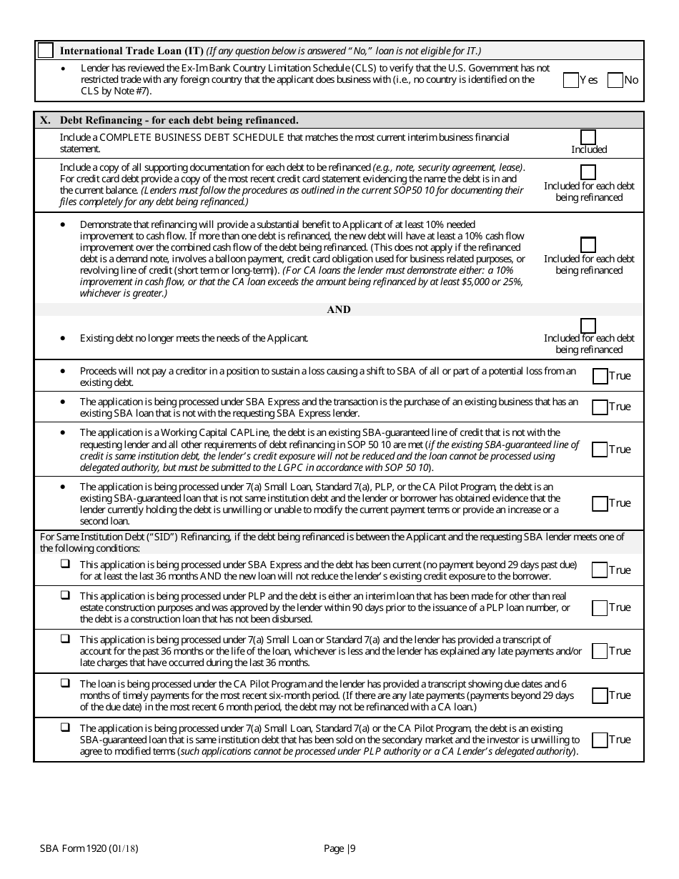 SBA Form 1920 Lenders Application for Loan Guaranty for All 7(A) Loan Programs, Page 9