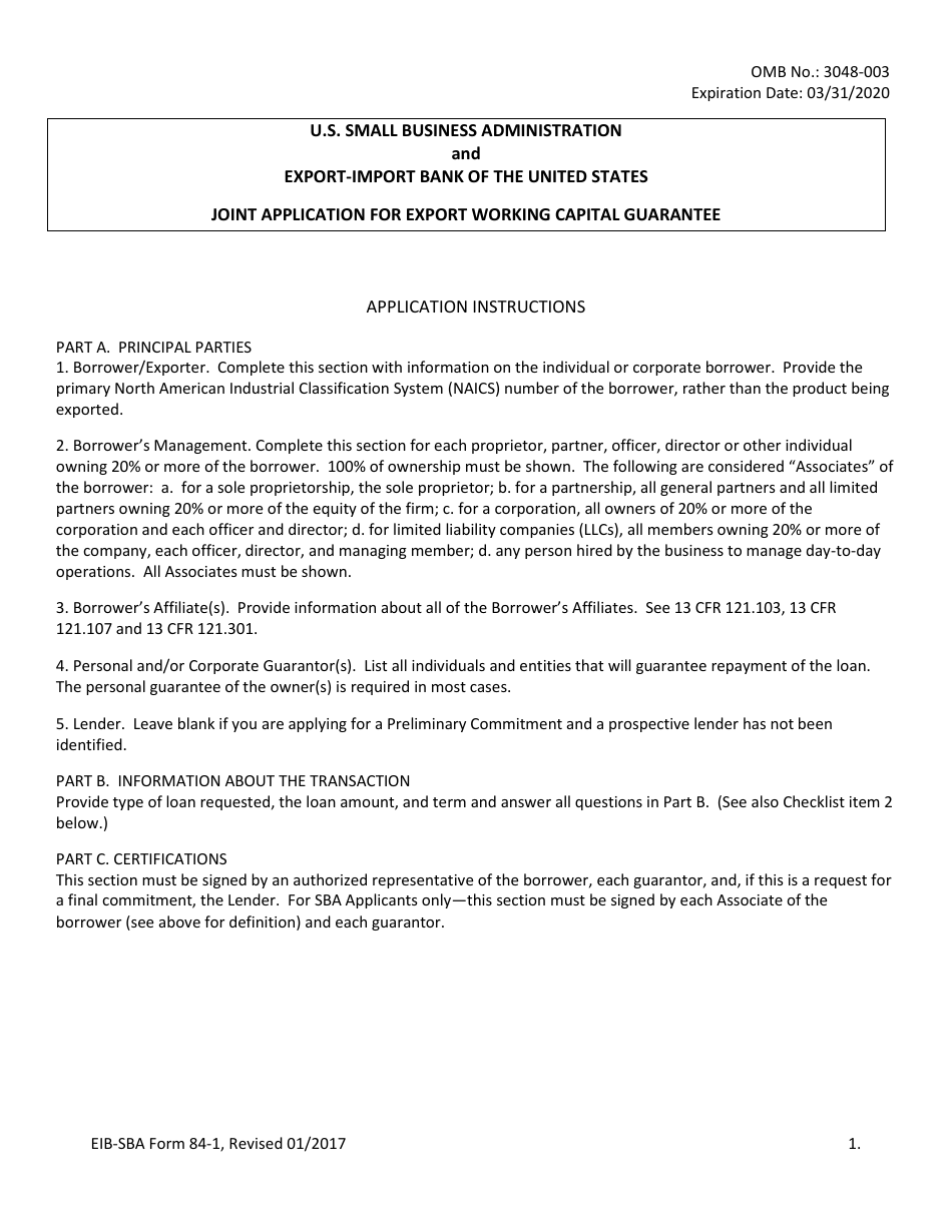 SBA Form 84-1 Joint Application for Export Working Capital Guarantee, Page 1